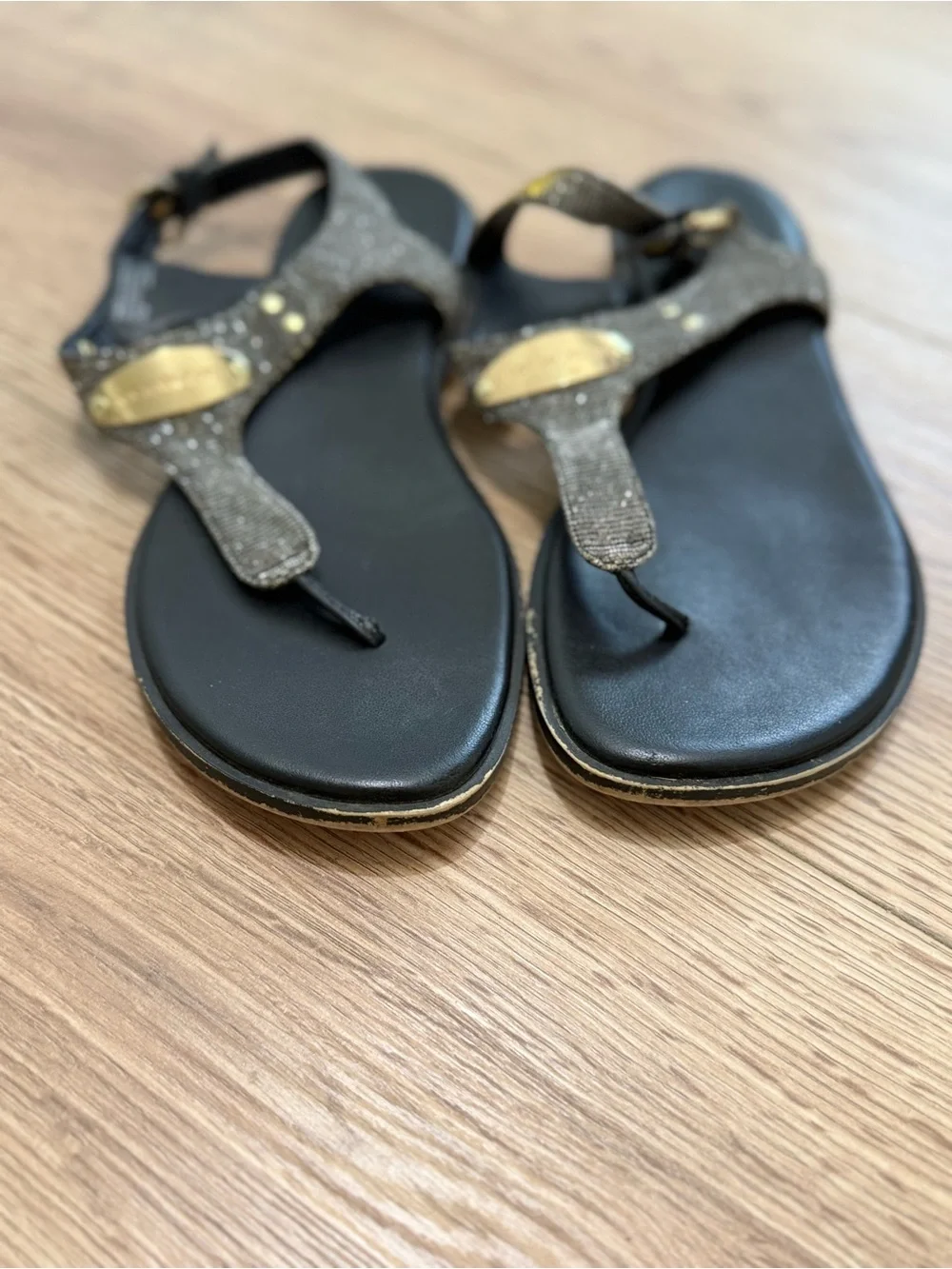 Michael Kors Black Sandals with Gold Metallic Accents